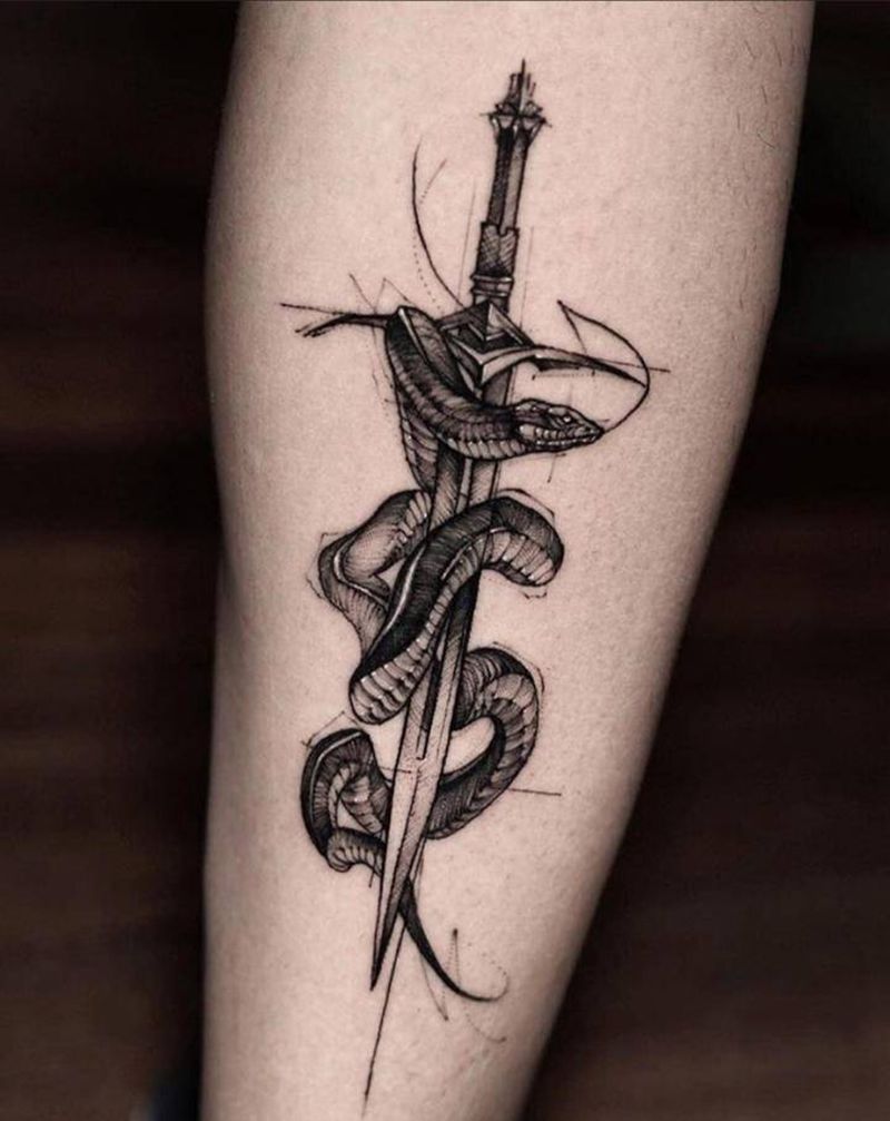 剑纹身图片_腿部欧美写实纹身图案