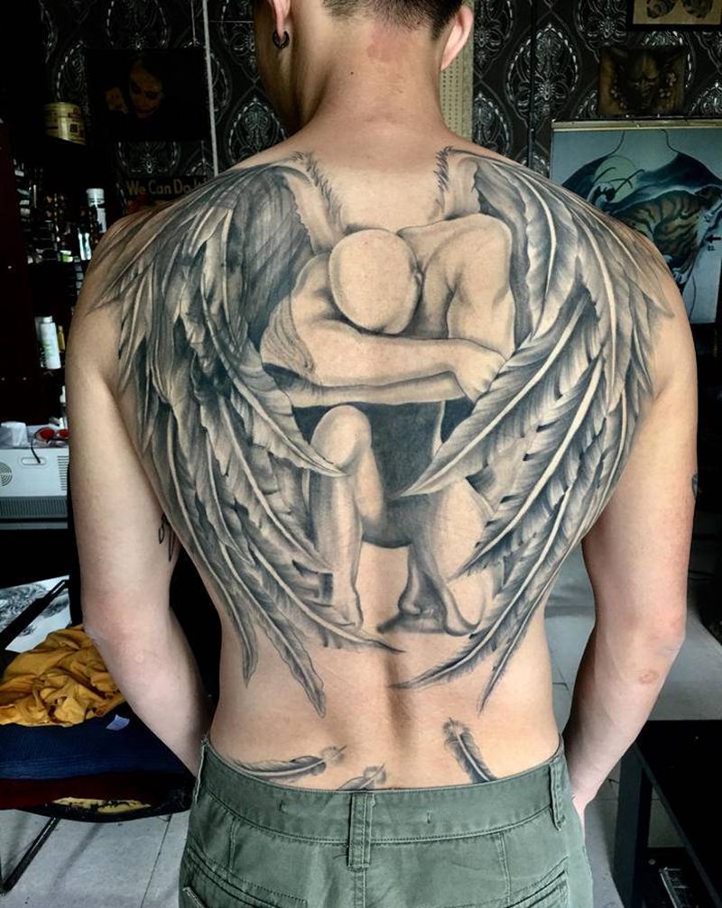 天使纹身图片_背部老传统纹身图案