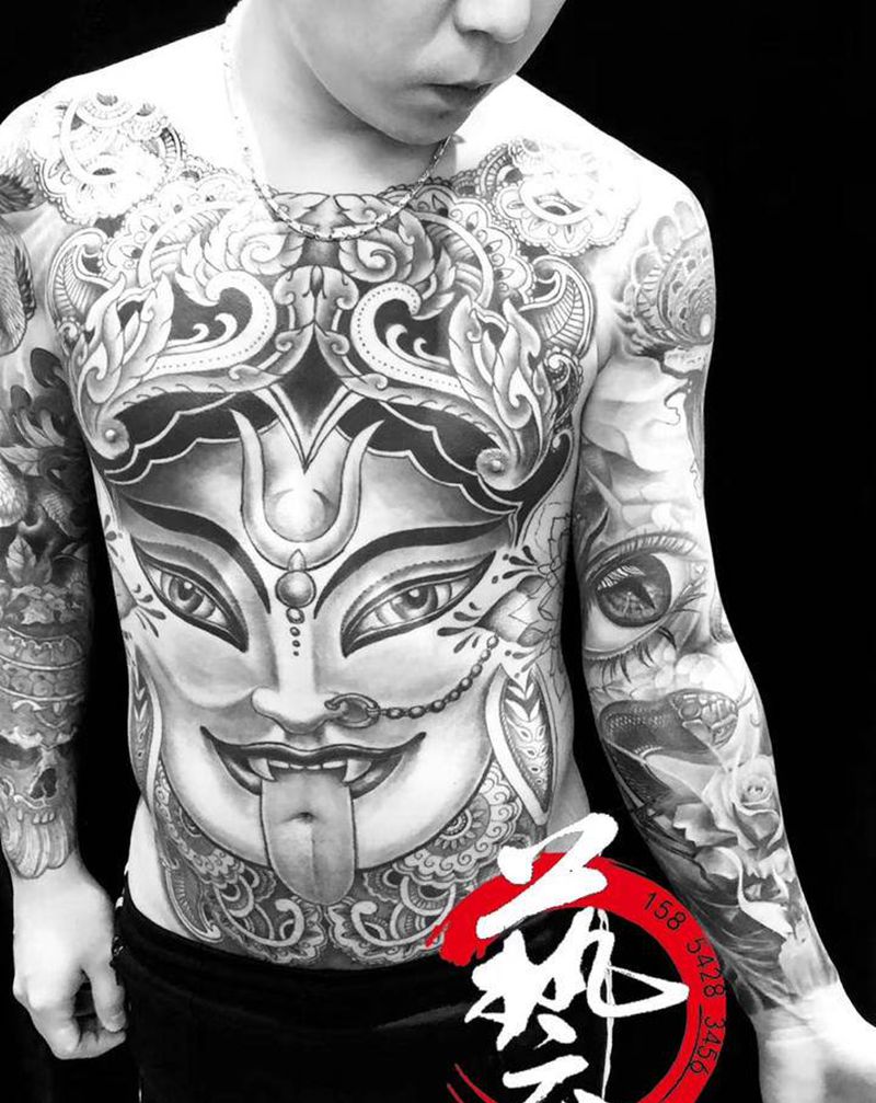 剎纹身图片_背部手臂欧美写实多元素纹身图案