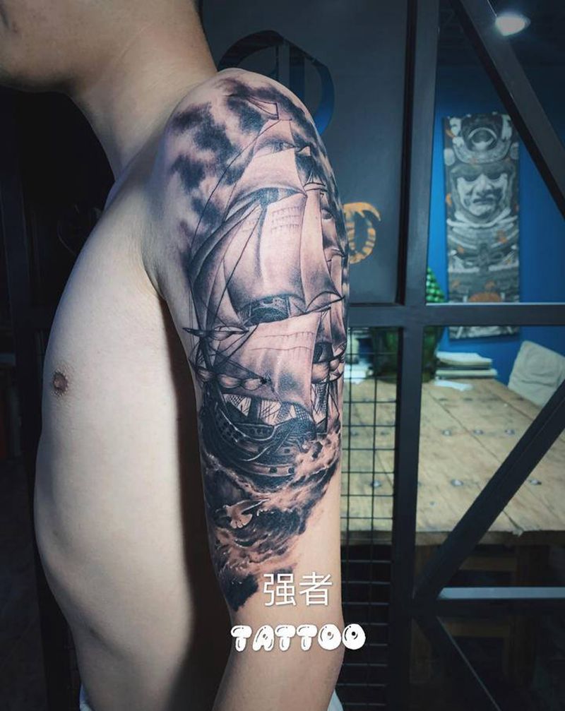 乘风破浪纹身图片_手臂欧美写实纹身图案