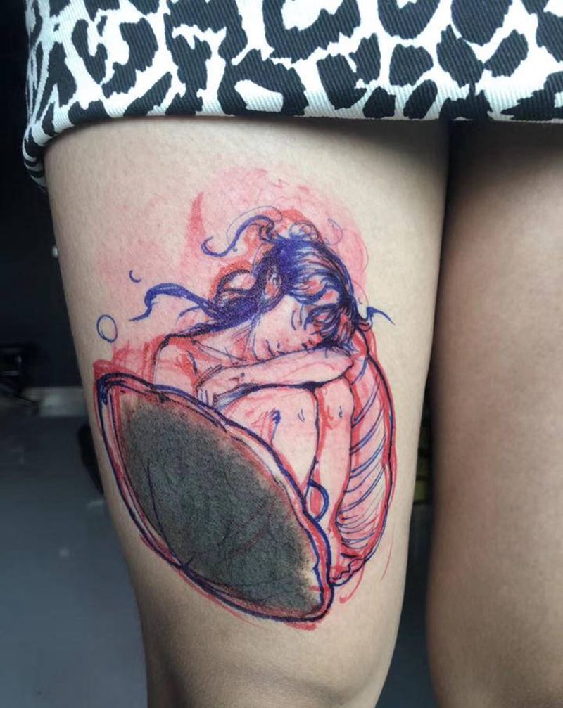 阳师傅手绘遮盖胎记纹身图片_腿部纹身图案