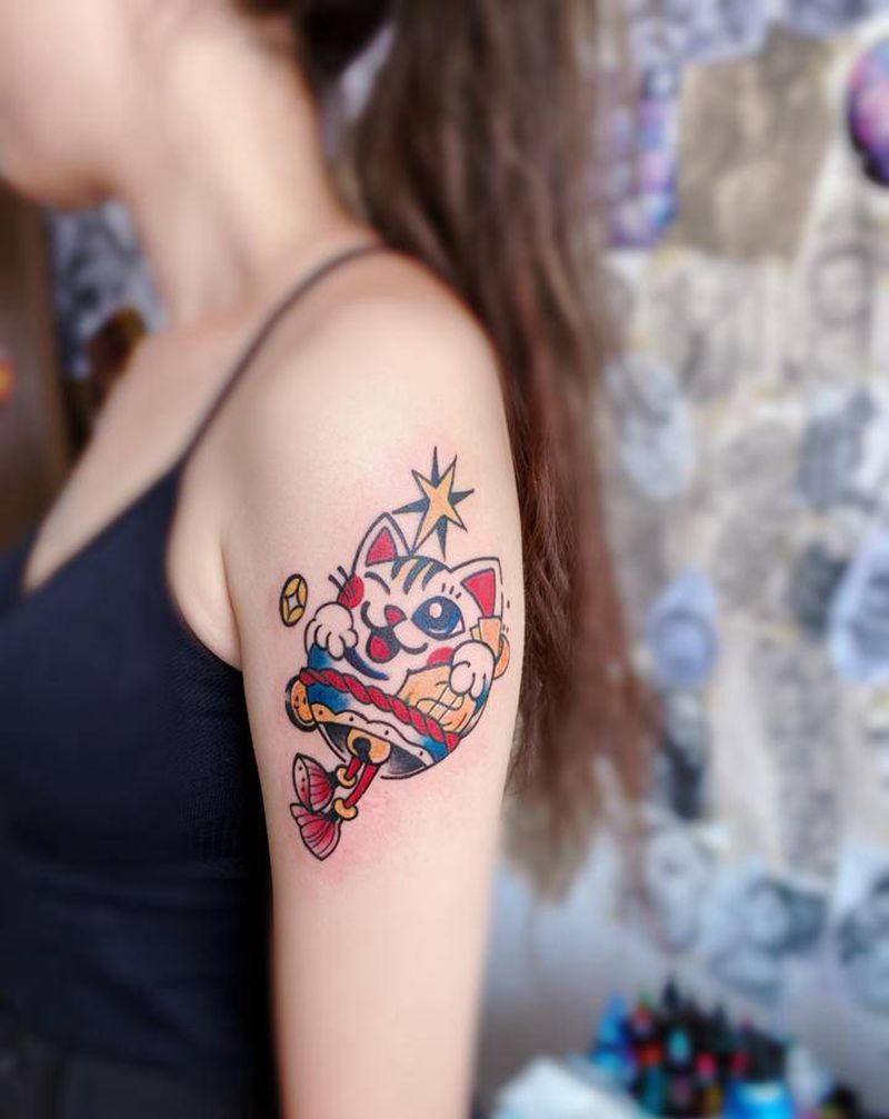 招财猫纹身纹身图片_手臂Old School纹身图案