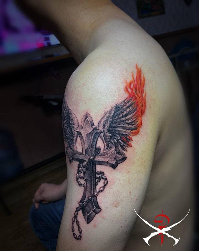 守护纹身图片_手臂欧美写实翅膀纹身图案