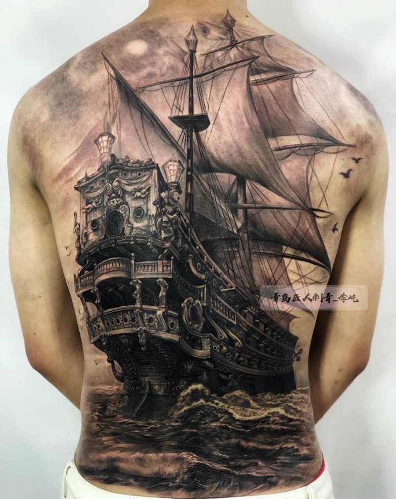 船  一帆风顺 满背纹身图片_背部欧美写实新传统船一帆风顺纹身图案