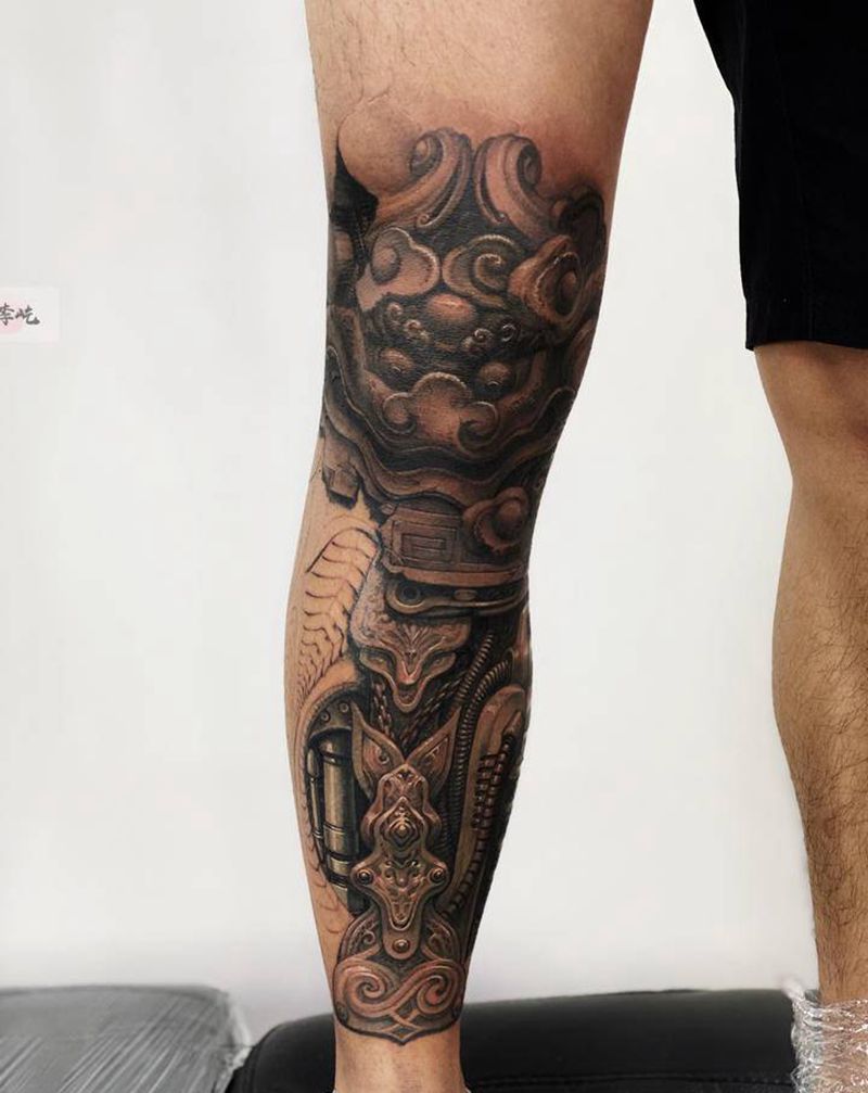 石雕 机械小腿未完成纹身图片_腿部欧美写实新传统机械石雕纹身图案