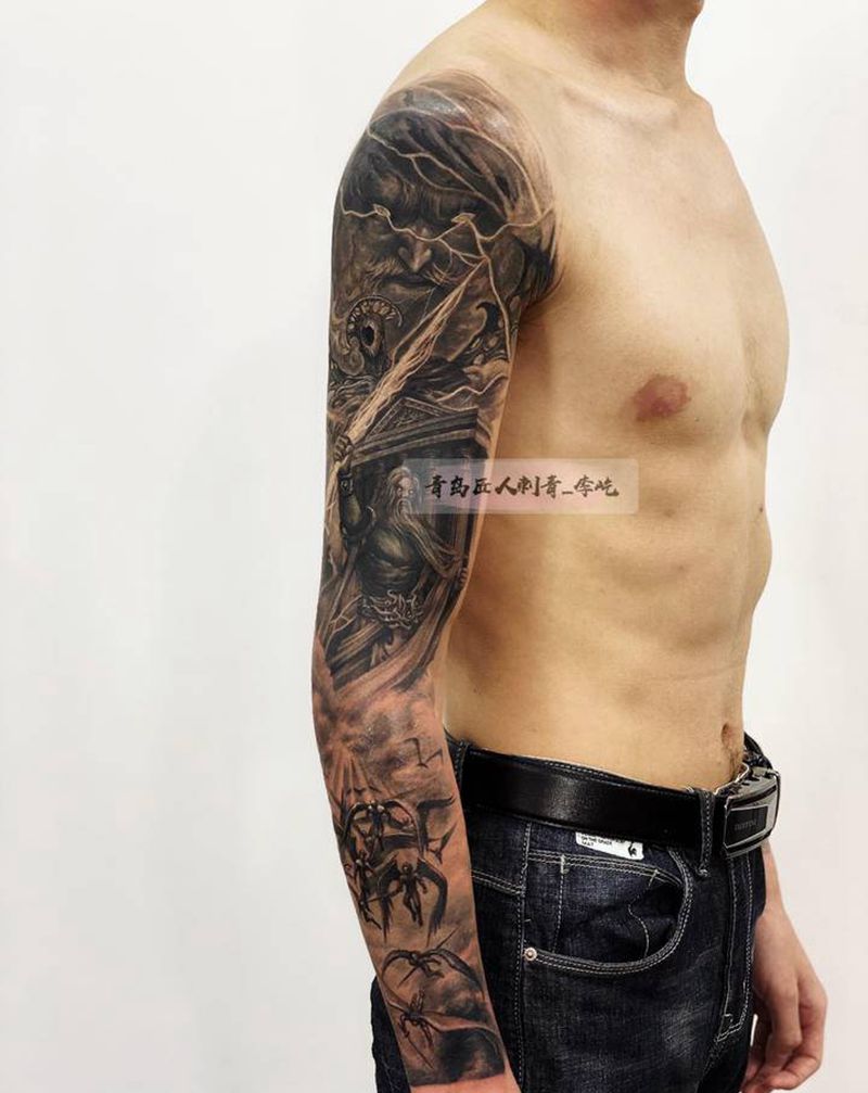 希腊神话花臂 未完成纹身图片_手臂臀部欧美写实新传统宙斯希腊神话天使纹身图案