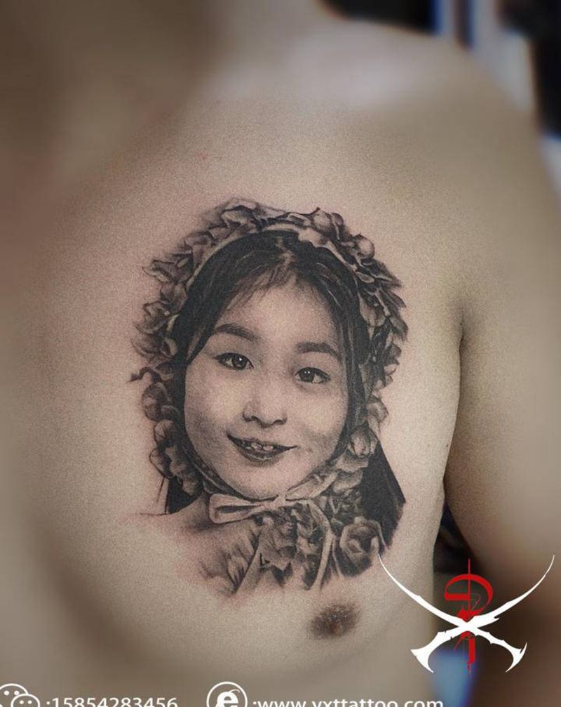 父爱如山纹身图片_胸部欧美写实肖像照片纹身图案