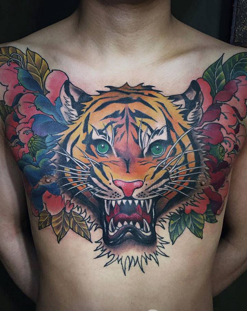 School老虎花胸纹身图片_胸部New School纹身图案