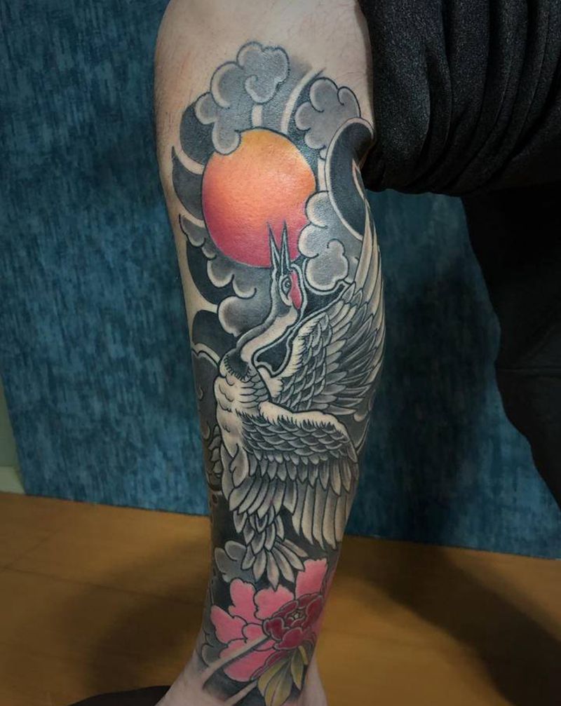 老传统仙鹤纹身图片_腿部老传统纹身图案