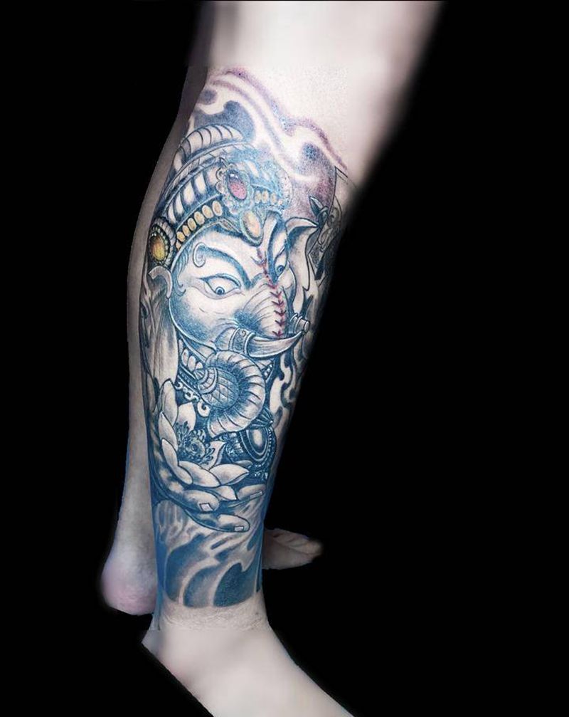 象神金刚杵包小腿纹身纹身图片_腿部老传统新传统纹身图案