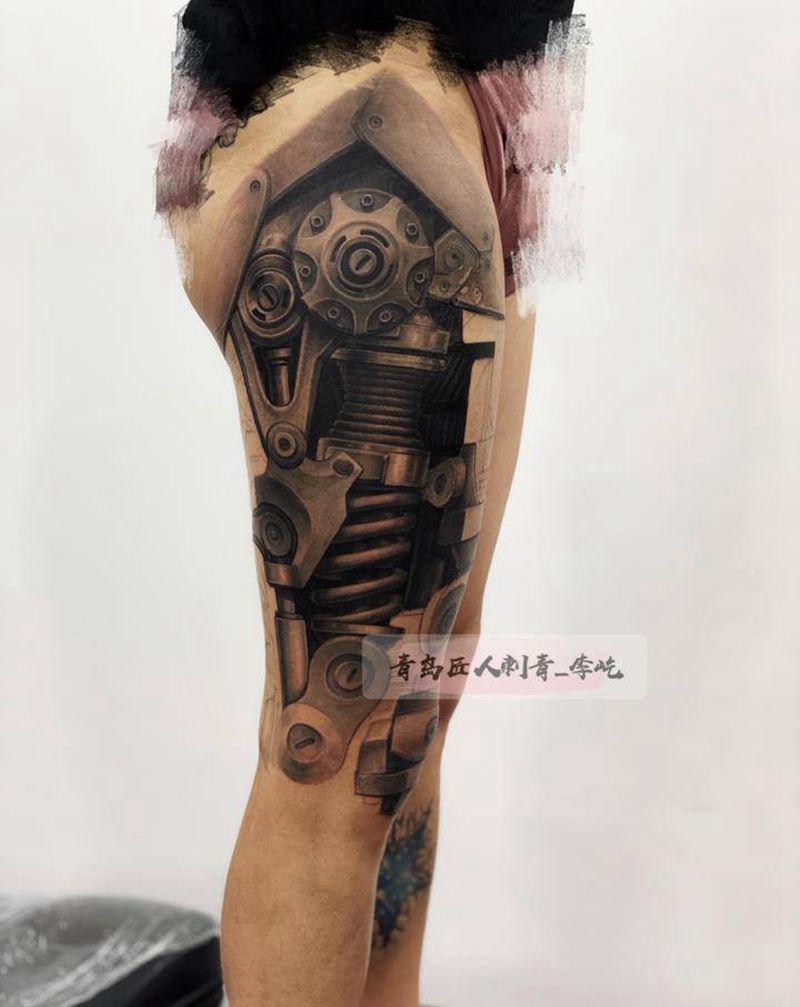 机械腿 未完成纹身图片_腿部新传统欧美写实机械纹身图案