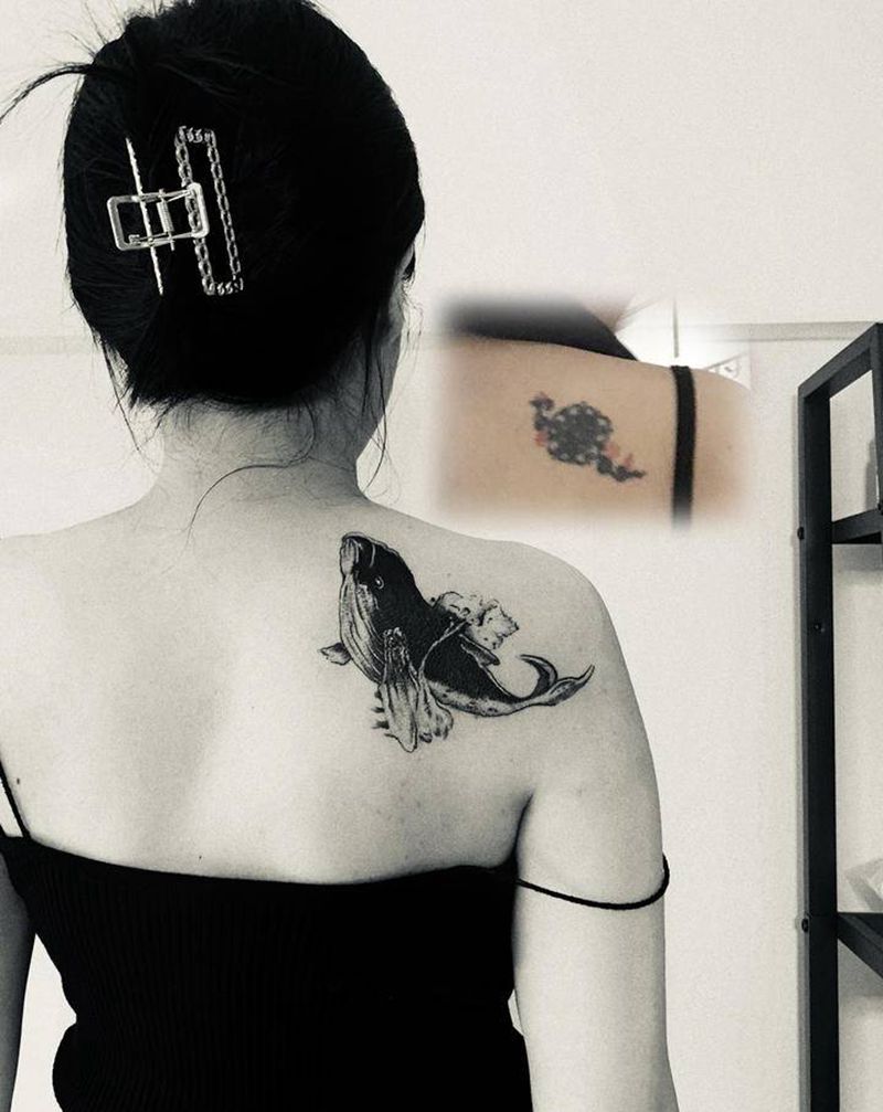 鲸鱼遮盖纹身图片_背部纹身图案