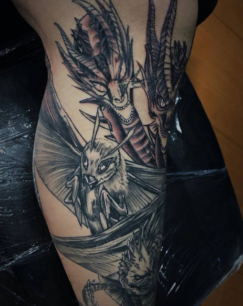 哥斯拉 首席:V V 老师作品纹身图片_腿部纹身图案