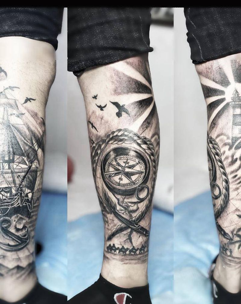 包小腿纹身 帆船指南针灯塔纹身纹身图片_腿部欧美写实老传统纹身图案