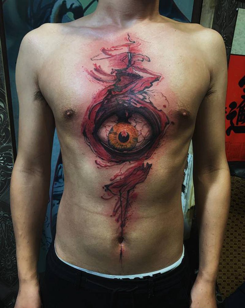 真恐怖眼镜纹身图片_胸部欧美写实纹身图案