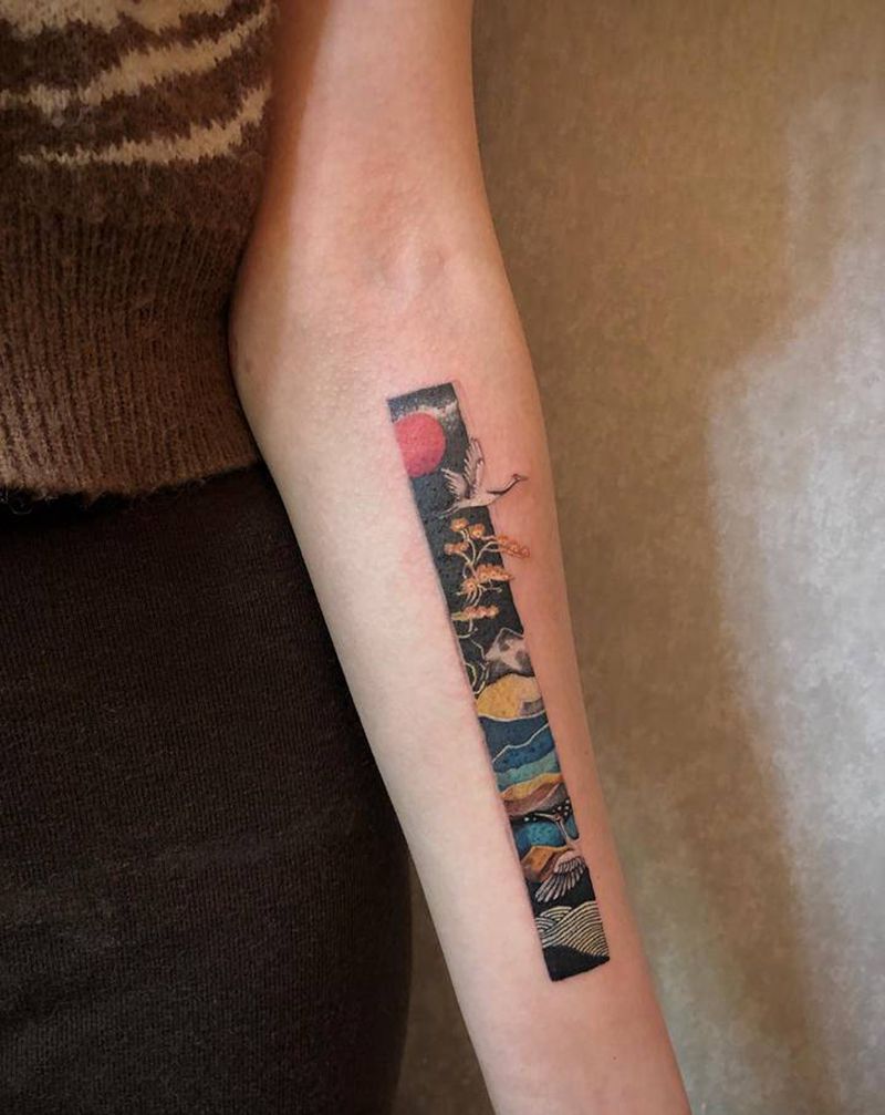 国风精雕遮盖纹身图片_手臂水彩水墨鹤精雕纹身图案