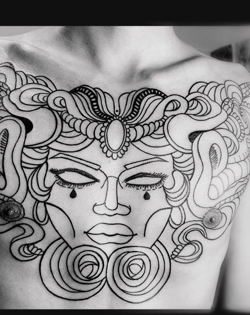 美杜莎纹身线条纹身纹身图片_胸部新传统老传统线条纹身图案