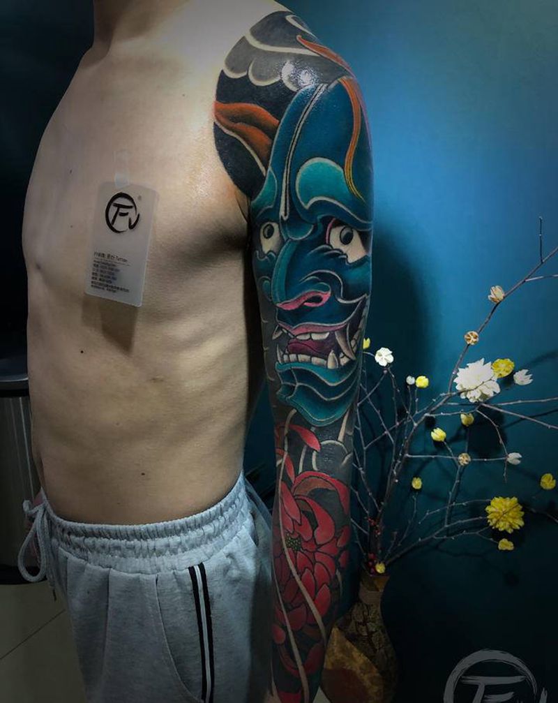 老传统花臂——梁飞老师作品纹身图片_手臂老传统纹身图案