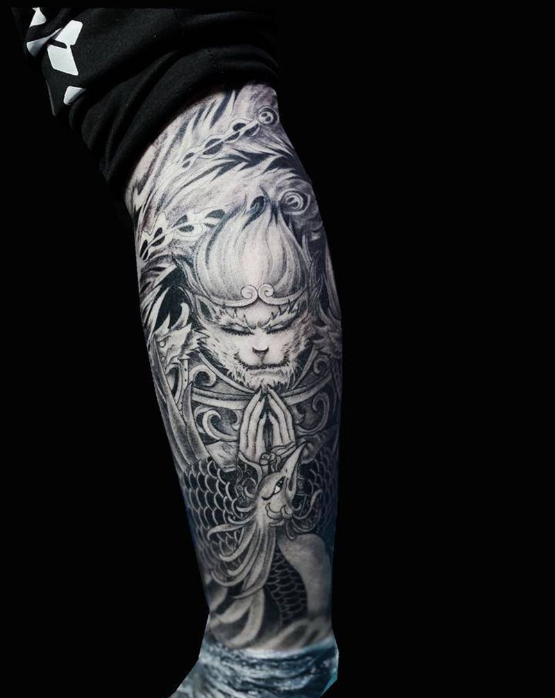 斗战胜佛纹身鲤鱼纹身包小腿纹身纹身图片_腿部老传统新传统纹身图案