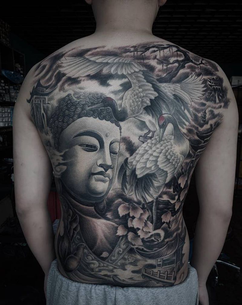 阿弥陀佛纹身图片_背部新传统仙鹤纹身图案