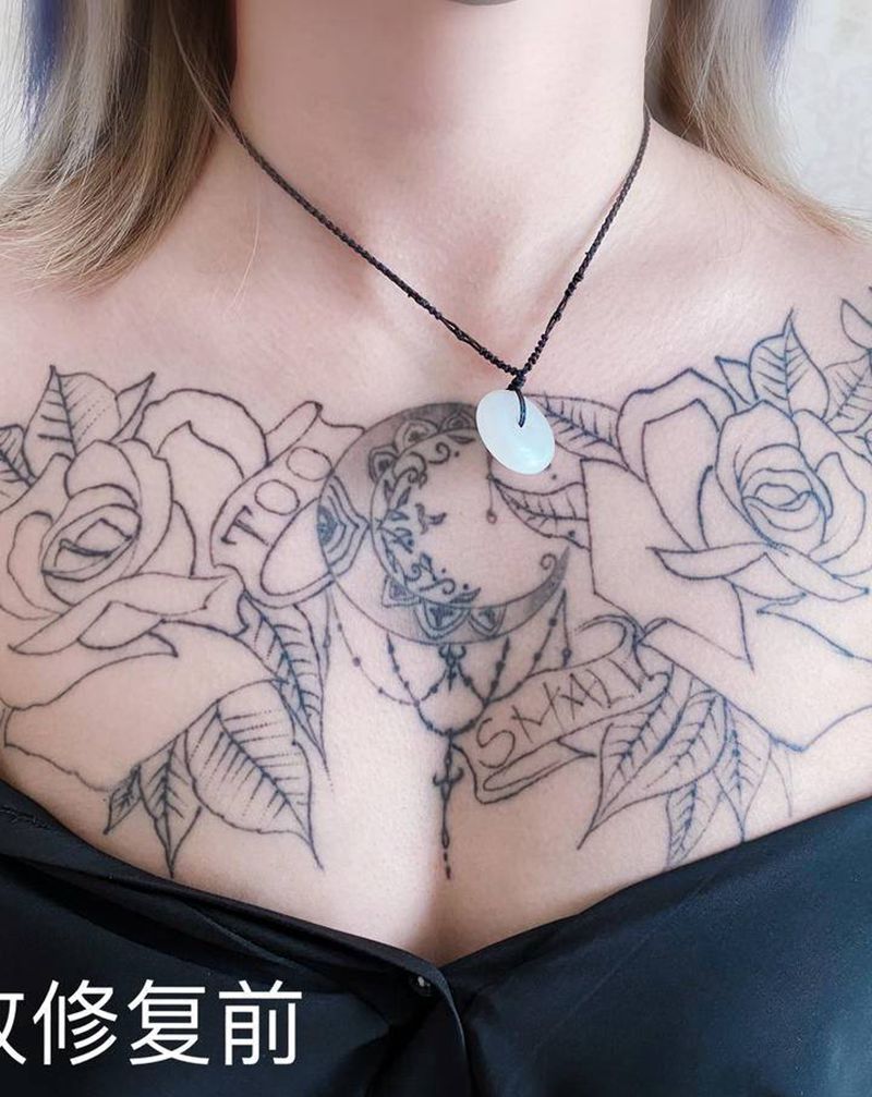 欧美胸花纹身 女生纹身青岛即墨纹身图片_胸部New School纹身图案