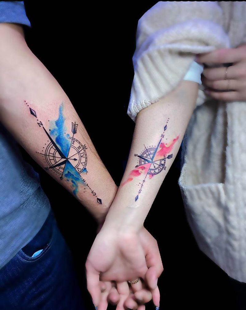 情侣纹身 指南针纹身纹身图片_手臂水彩几何纹身图案