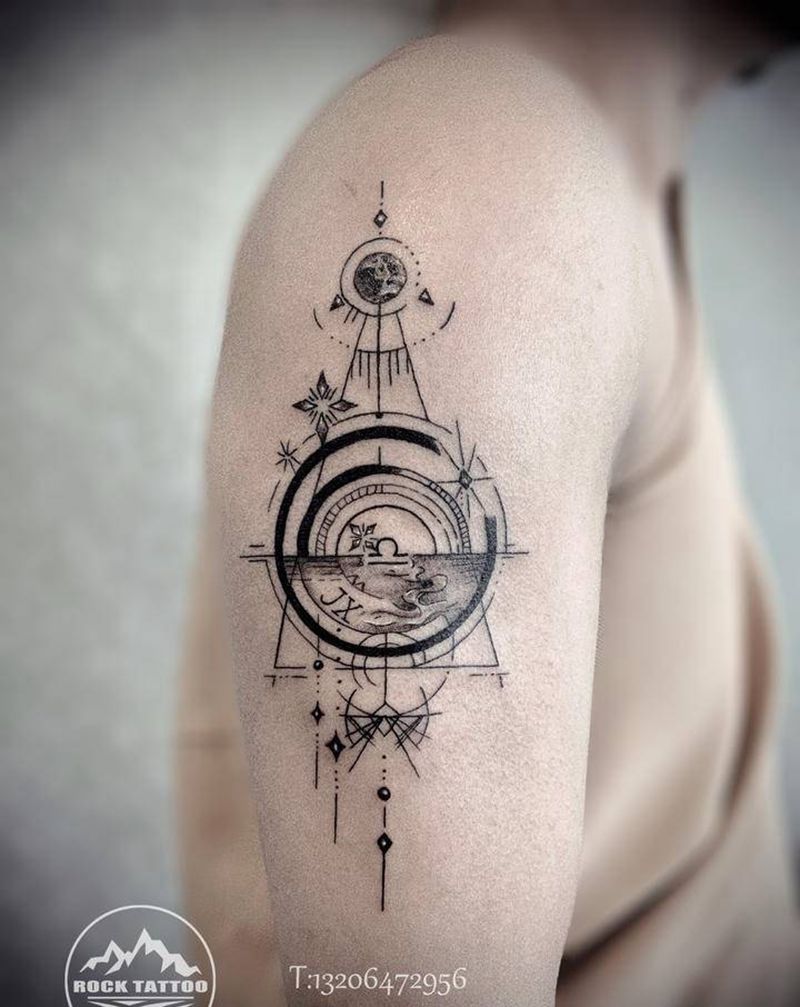 几何星座纹身图片_手臂点刺几何天平座星座几何纹身图案