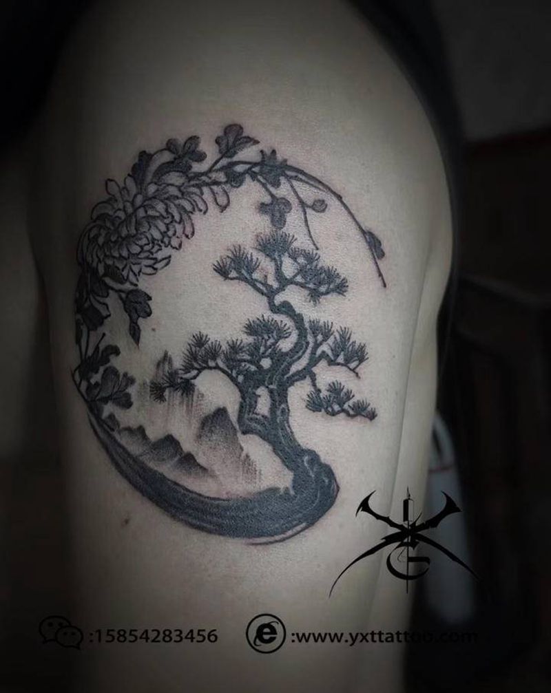 江山如画纹身图片_肩部胸部老传统新传统纹身图案