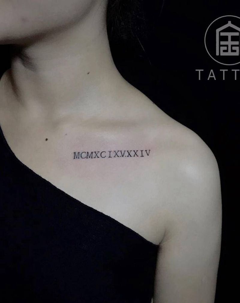 罗马数字纹身图片_肩部花体字几何罗马数字字母纹身图案