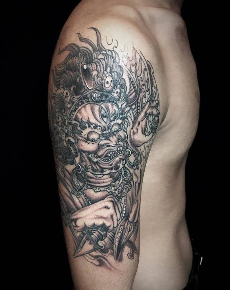 大黑天财神纹身图片_肩部手臂新传统财神纹身图案