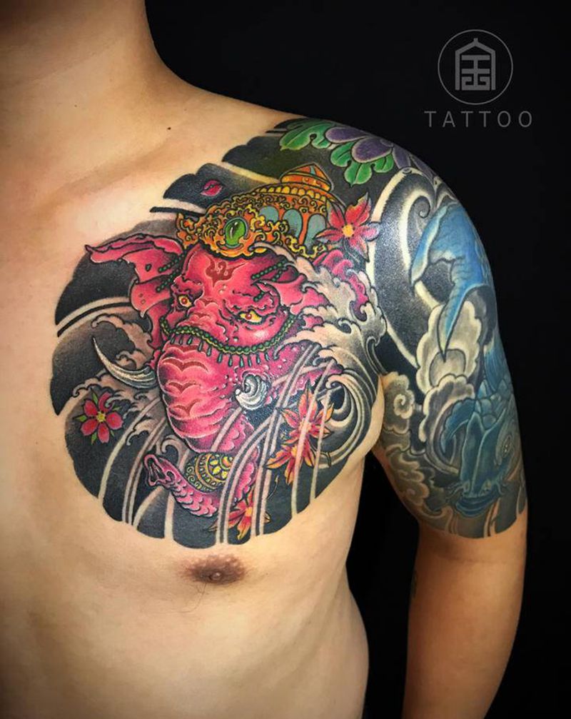 象神纹身图片_胸部新传统象神半胛纹身图案