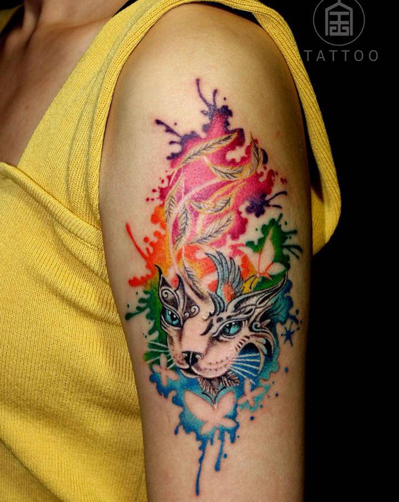 水彩猫纹身图片_手臂水彩猫纹身图案