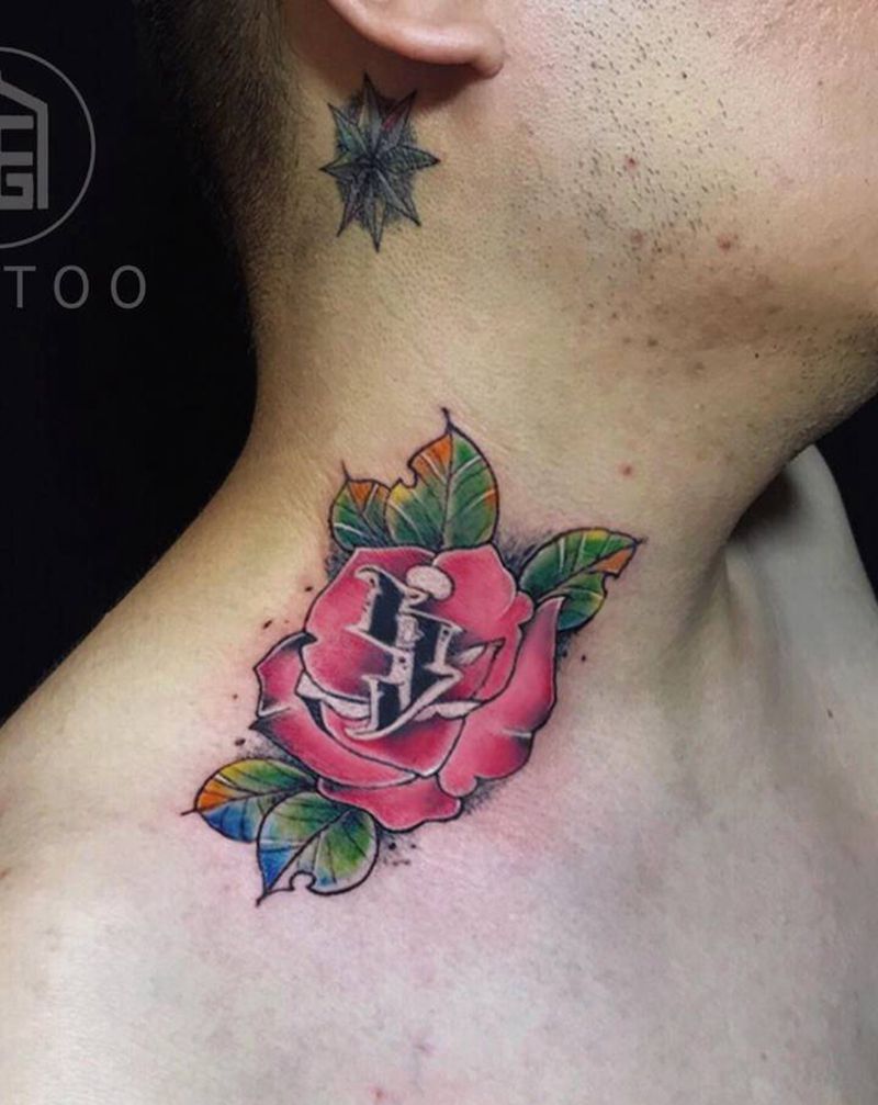 玫瑰花纹身图片_颈部New School玫瑰花纹身图案