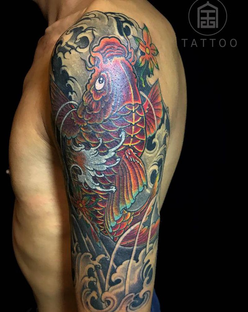 鲤鱼(遮盖)纹身图片_手臂新传统鲤鱼遮盖暴力遮盖纹身图案