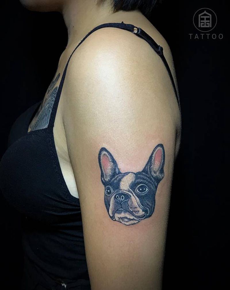 法斗纹身图片_手臂欧美写实爱犬法斗犬狗狗纹身图案