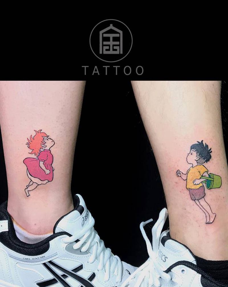 波妞和宗介纹身图片_脚部腿部水彩卡通纹身图案