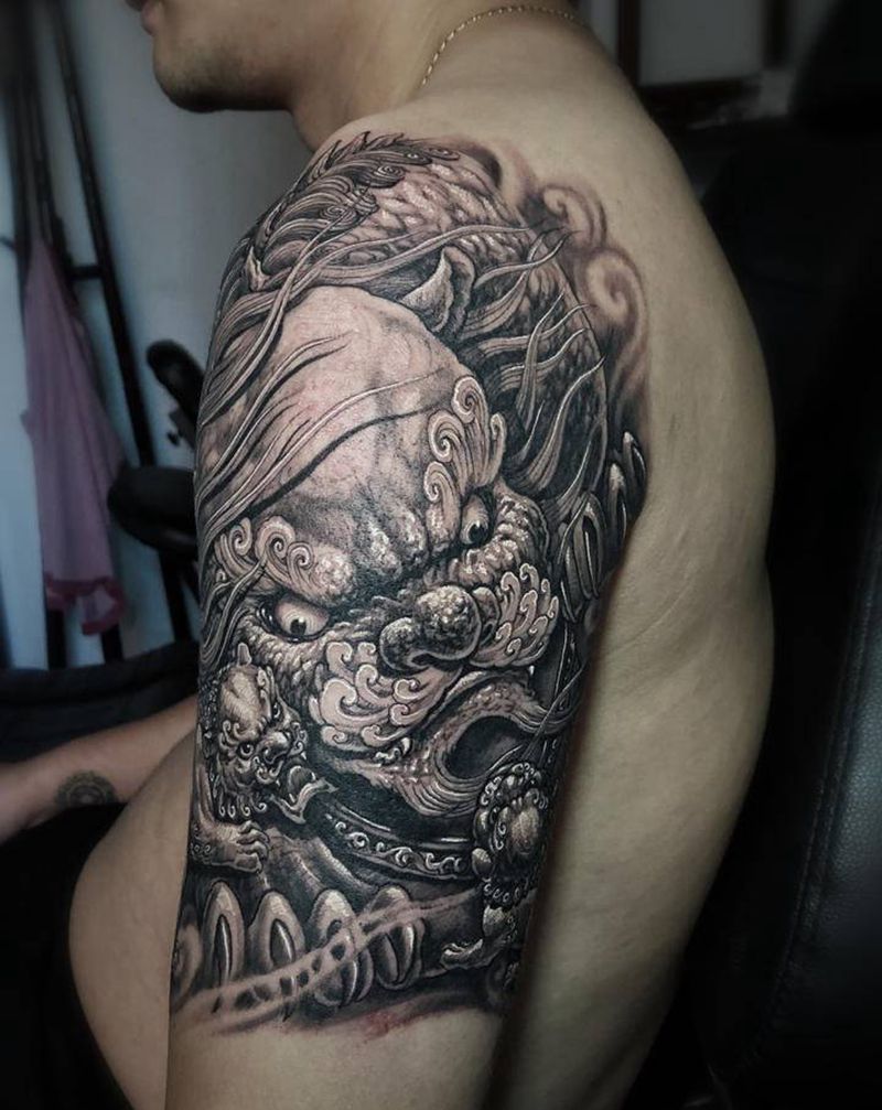 雌唐狮纹身图片_手臂新传统原创纹身图案