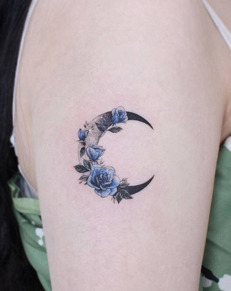 月亮花儿纹身纹身图片_手臂腰部图腾新传统月亮小清新纹身图案