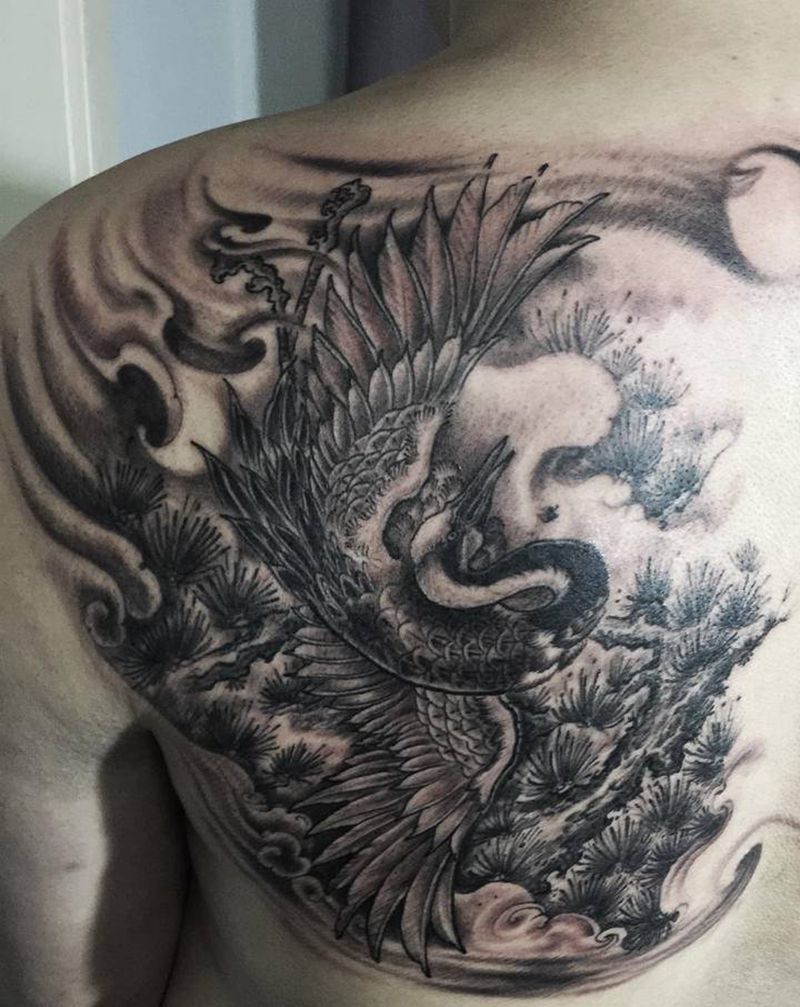 松鹤延年纹身图片_肩部新传统纹身图案