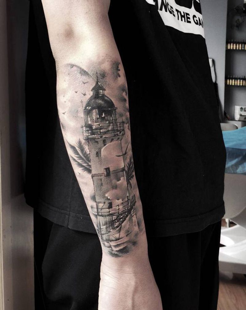 灯塔纹身图片_手臂点刺New School纹身图案