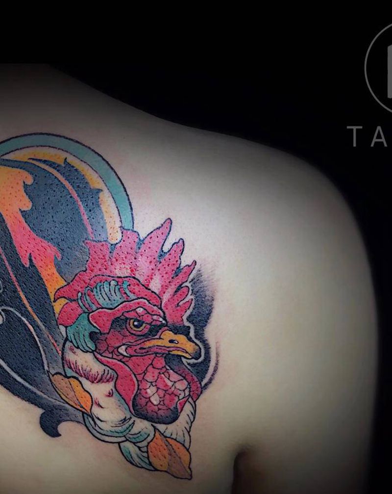 公鸡纹身图片_肩部New School公鸡遮盖纹身图案