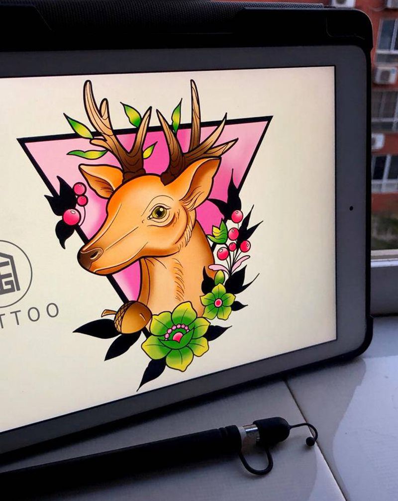 鹿纹身图片_肩部背部New School新传统鹿原创纹身图案