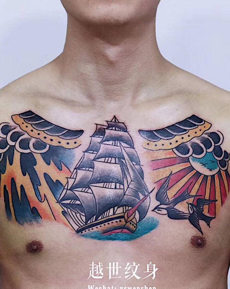 花胸纹身图片_胸部Old School纹身图案