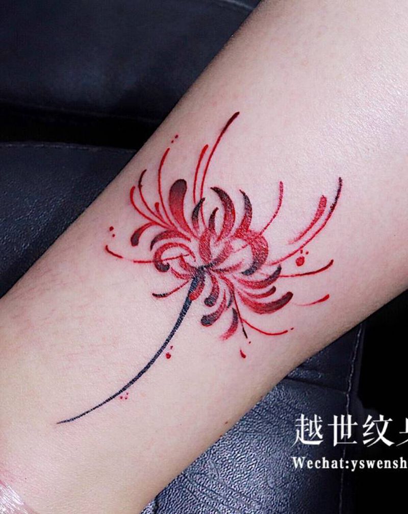 彼岸花纹身图片_腿部水彩纹身图案