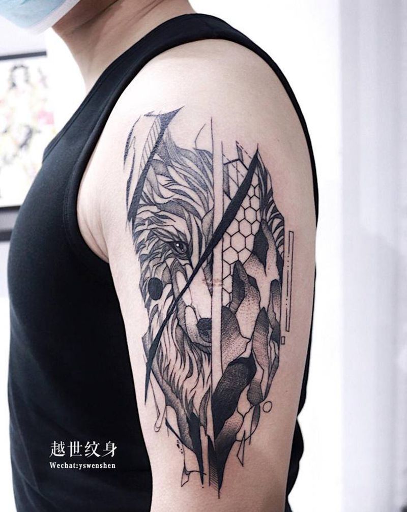 狼纹身图片_手臂几何纹身图案