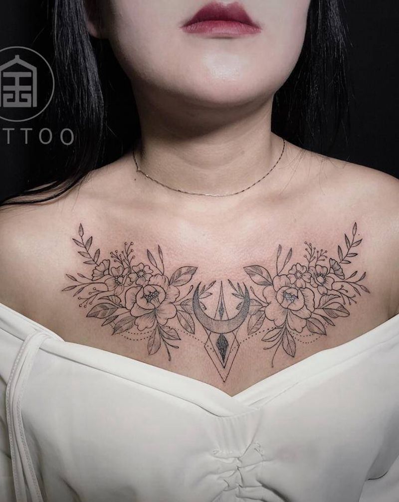 素花纹身图片_颈部胸部点刺几何素花花胸纹身图案