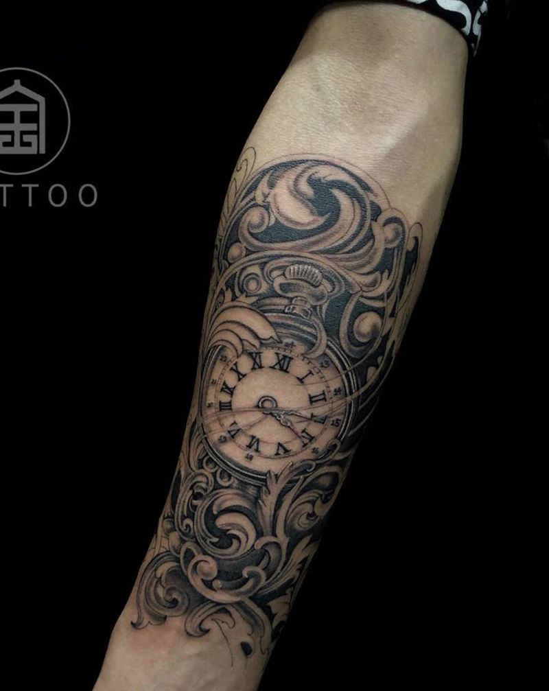 钟表纹身图片_手臂手部欧美写实New School钟表欧美纹身图案