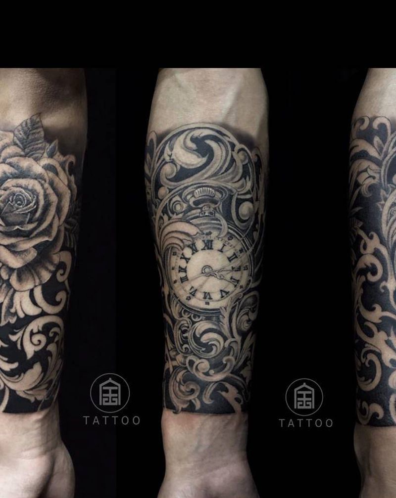 钟表玫瑰花纹身图片_手臂手部欧美写实新传统玫瑰花钟表纹身图案