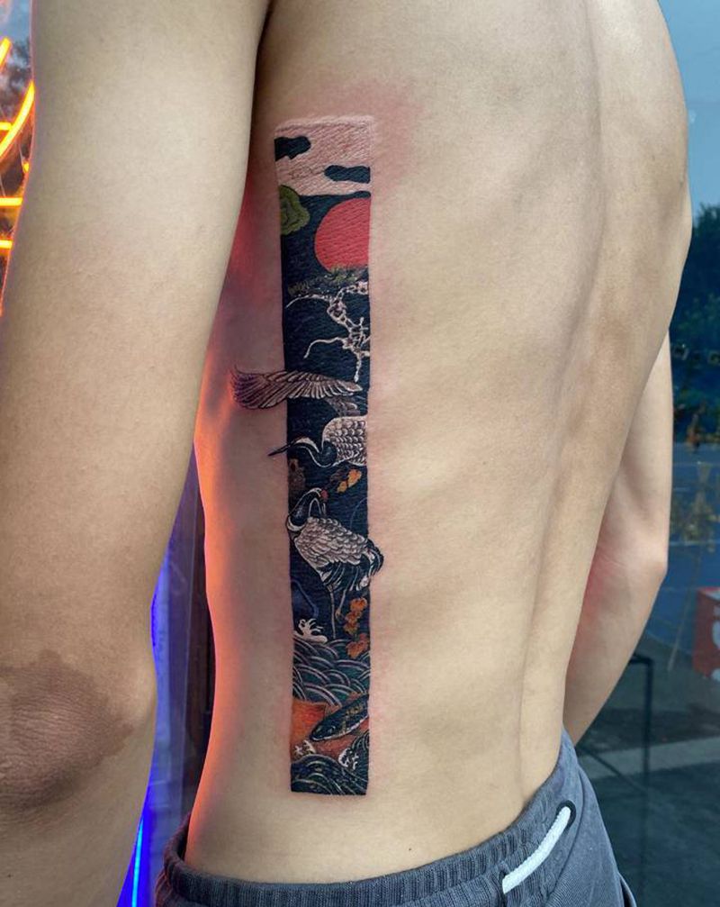 国风·仙鹤纹身图片_腰部纹身图案