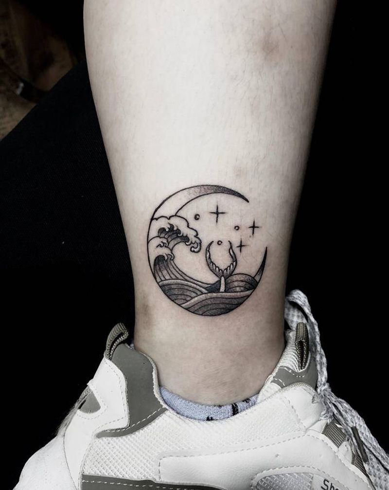 月亮海浪纹身图片_腿部脚部图腾几何月亮纹身图案